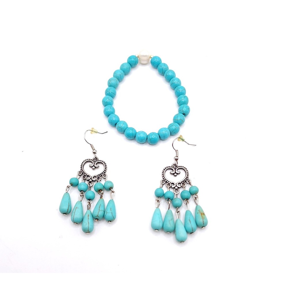 Turquoise Jewelry Set Stretch Bracelet Chandelier Earrings Boho